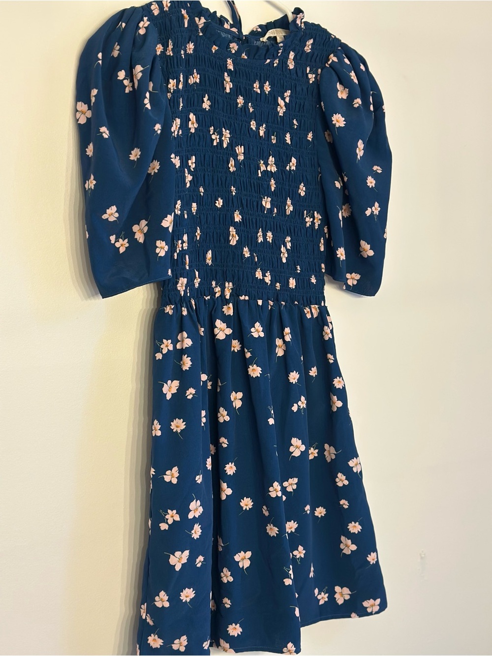WAYF Blue Floral Smocked Puff Sleeve Midi Dress XS